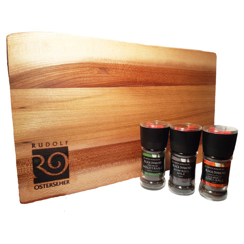 Black Diamond Maya Salt Trio with Upcycled Designer Cutting Board